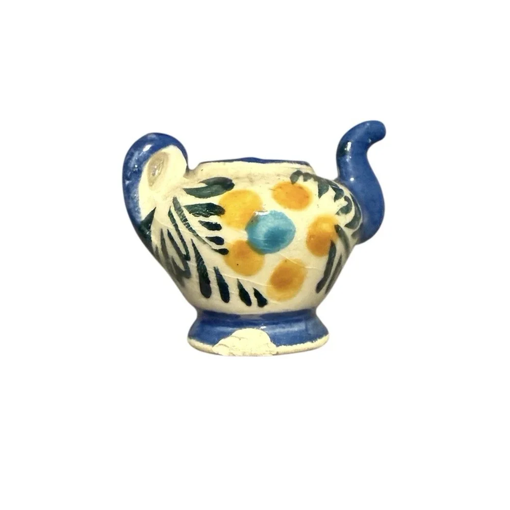 Handmade Ceramic Miniature Tea Set - Signed By Artist - Blue And Yellow - 10‎ Pc